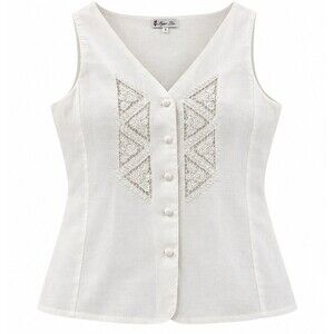 Puro Lino Hand Embroidered 100% Linen Blouse Sz S Sleeveless Cottage Core EUC